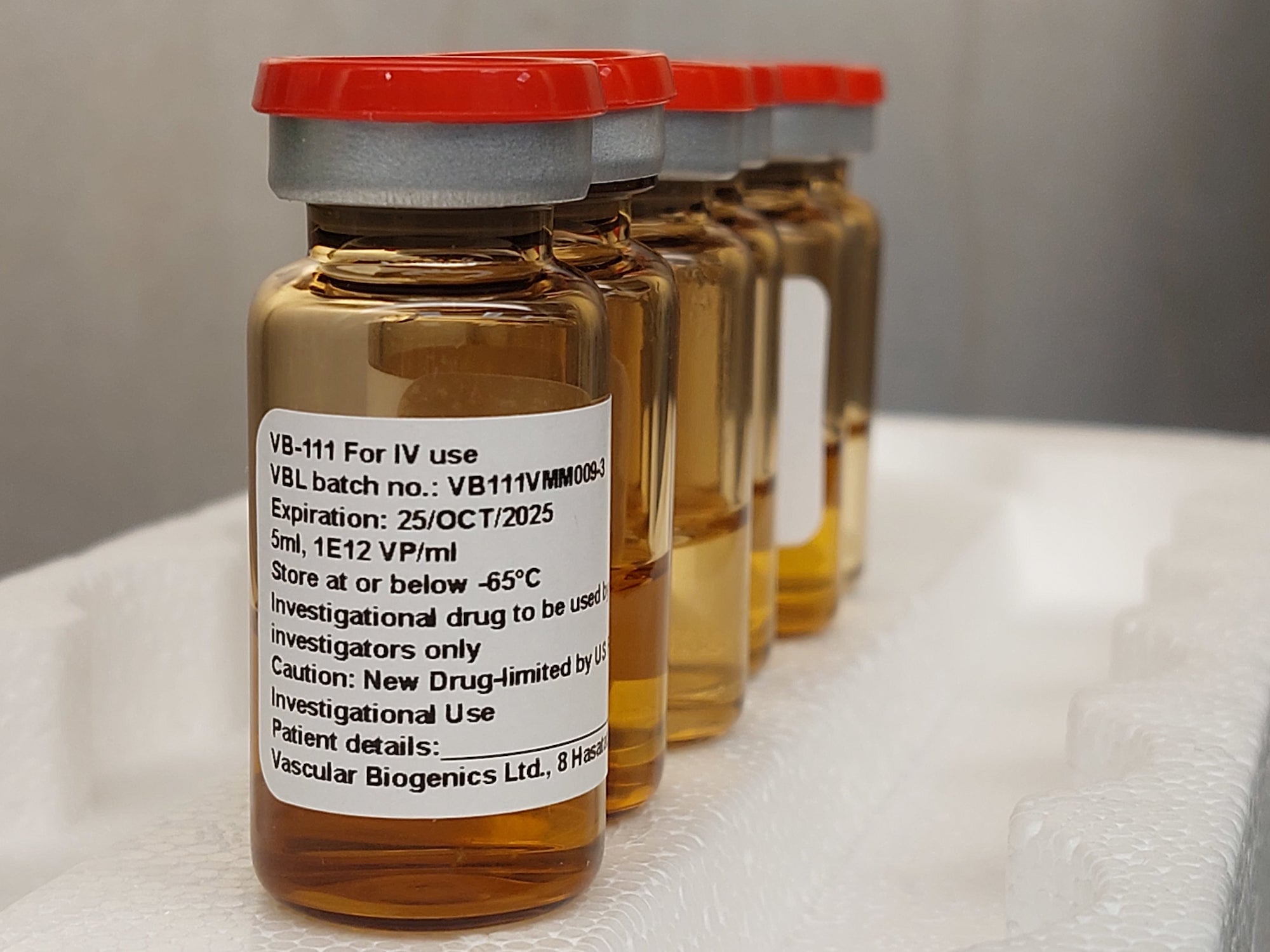 row of vials labeled with "VBL-111 for IV use"